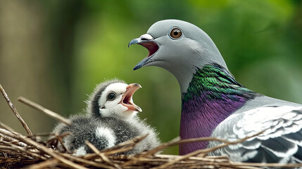 Fototapeta premium Wood Pigeon Nurtures Its Chick in a Lush, Vibrant Nest Showcasing Natures Bond