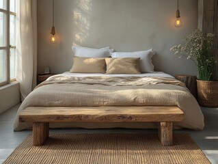 A serene bedroom featuring a cozy bed with neutral linens, a wooden bench, and warm pendant lights, creating a calming and inviting atmosphere.