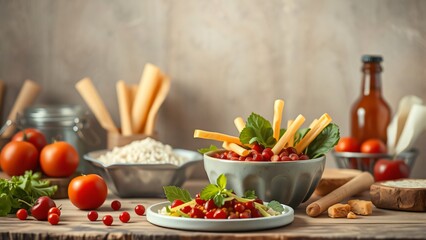 Rustic Kitchen Scene with Fresh Ingredients and Appetizing Red Berry and Cheese Salad