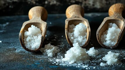 Natural sea salt varieties in wooden scoops arranged on a rustic table for culinary use - Powered by Adobe