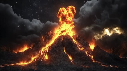 Volcanic eruption at night, fiery lava flows, dramatic sky, nature disaster