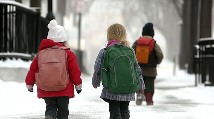 Children Walking to School on a Snowy Day Amidst School Closings Announcements