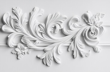 A luxurious white decorative relief featuring intricate floral motifs and elegant scrolls. Perfect for classic interiors, architectural projects, or high-end decorative design inspirations.

