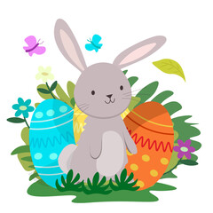 gray rabbit and easter eggs on a white background