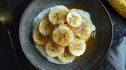 Bananas with honey and mint. Banana, caramel, table, dish plate, slice, fruit, greens. Plate of greens, fruit, and a slice of fruit. A plate of fruit, bananas, and caramel on lifestyle a table slice.
