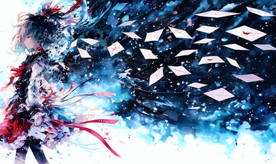 デジタル空間で電子メールを届けている女の子。デジタルイメージ素材。水彩画。イラスト。