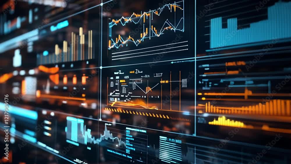 Poster futuristic interface displaying complex data analysis and statistics with colorful charts and graphs