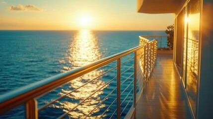 Luxury hotel by the ocean, close-up of hotel balcony with ocean view, soft sunlight reflecting