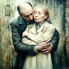 An older woman and an older man embracing  in tender moment
