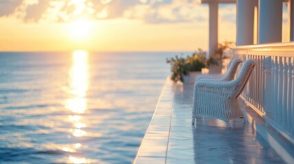 Luxury hotel by the ocean, close-up of hotel balcony with ocean view, soft sunlight reflecting