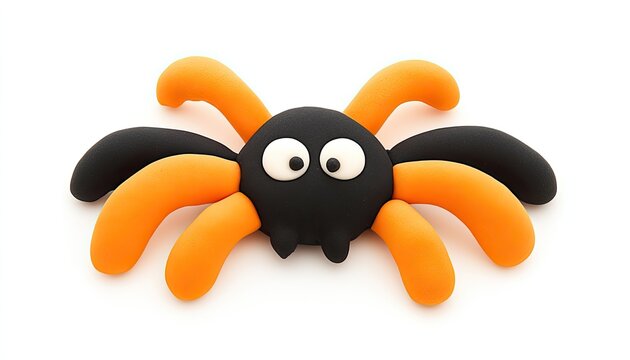 Colorful, playful spider figurine made from modeling clay, set against a plain white background, ideal for children's crafts