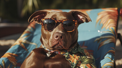 Fototapeta premium A dog wearing sunglasses. Dog, glasses, nature, beach sun lounger, tree. Palm tree with sun loungers on the beach. Palm tree with palm trees and palm trees with a sun dog lifestyle and glasses beach.