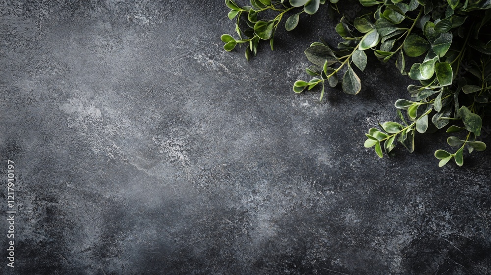 Poster green leaves bordering empty black textured background with copy space