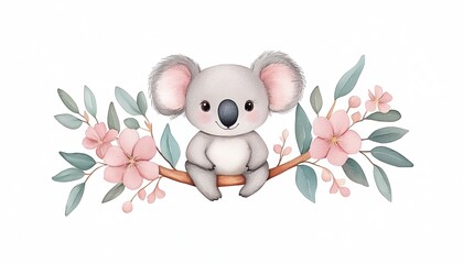Cute koala sitting on a branch surrounded by pink flowers and green leaves in a whimsical, colorful illustration