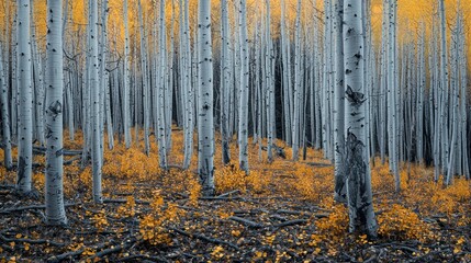 Golden aspen grove in autumn, sunlight through trees.