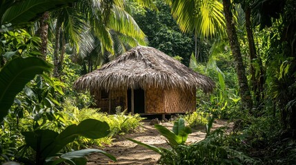 Thatched hut nestled in lush tropical jungle foliage.