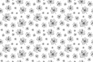 Seamless pattern with graphic outline peonies in hand drawn style.