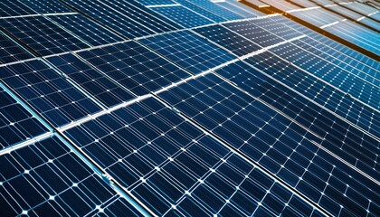 Aerial view of solar panel rows in a photovoltaic farm, arranged in diagonal rows for maximum energy absorption, reducing carbon footprints and promoting clean energy