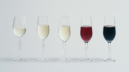 Fototapeta premium A row of wine glasses sits atop a white table, adjacent to a white wall