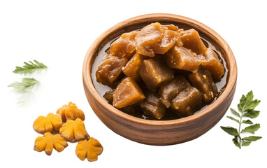 A Bowl of Jaggery with Neem Flowers and Tamarind Representing Traditional Wellness isolated on transparent background.