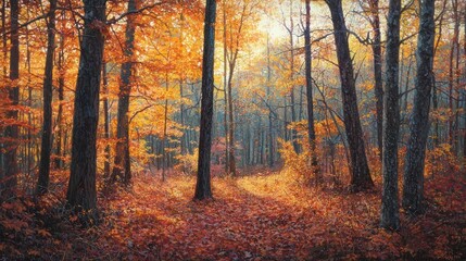 Obraz premium Autumnal forest path bathed in warm sunlight.