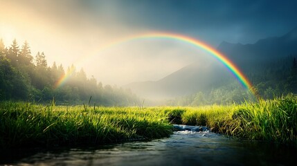 Naklejka premium A radiant bow graces the heavens above a babbling brook surrounded by lush vegetation and majestic peaks