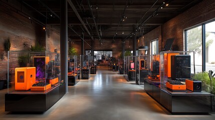 Orange computer systems displayed in a modern showroom