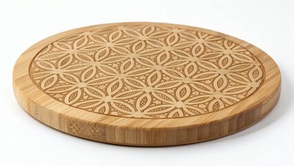Fototapeta premium Bamboo coaster with engraved pattern on a white background 
