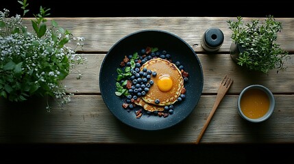  Pancake topped with blueberries, berries, and a fried egg Plate next to cup of coffee