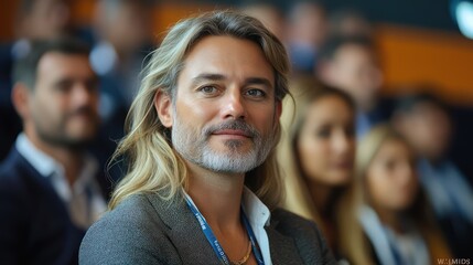 Fototapeta premium Portrait of a Man with Long Blond Hair at a Conference