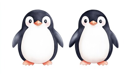 Obraz premium Two adorable cartoon penguins standing side by side, showcasing their playful nature against a white background