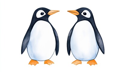 Obraz premium Two charming penguins facing each other on a white background, ideal for children's book illustrations