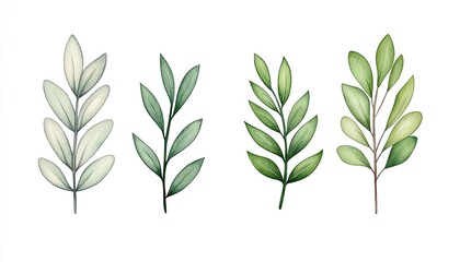 Naklejka premium A collection of beautifully illustrated green leaves showcasing various shades and shapes on a clean background