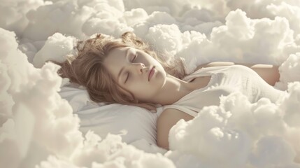 Serene Dreams A Young Woman is Peacefully Sleeping on the Clouds, Embracing Tranquility and Blissfully Floating