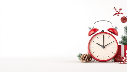 Festive red alarm clock beside a Christmas gift and pinecones, with holiday decorations in a bright setting