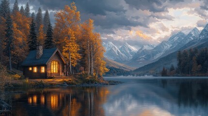 Fototapeta premium Cozy log cabin nestled in a serene autumn landscape surrounded by a tranquil lake and vibrant fall foliage The cabin s warm glowing lights are reflected in the still waters