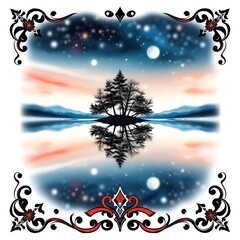 Naklejka premium Artistic representation of sun and moon balance with reflective landscape and ornate borders