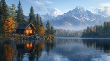 Fototapeta premium Cozy wooden cabin nestled on the shore of a tranquil mountain lake surrounded by vibrant autumn foliage and towering peaks in the distance The cabin s warm glow reflects on the still waters