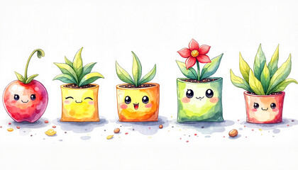 Cute cartoon plants with smiling faces on a white background. Vegetable and flower seedling. 