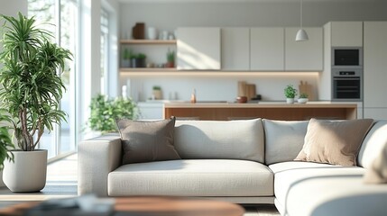Fototapeta premium Open-plan living area, close-up of modern furniture blending into a sleek kitchen, airy space