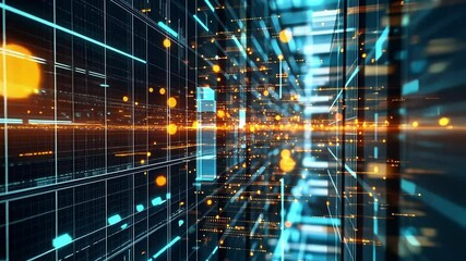 Glowing lines of data flow through digital cyberspace corridor in futuristic server room, creating an abstract representation of information technology and big data - Powered by Adobe