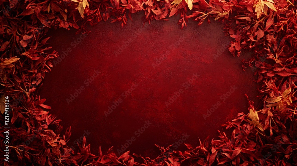 Aufkleber Red and gold autumn leaves frame on red background creating copy space
