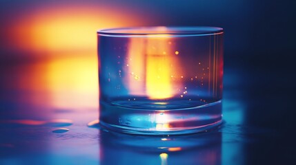 Vibrant colors illuminate a glass of water subtly reflecting the warm light. AI Generated