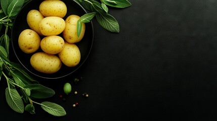   A bowl of yellow potatoes, surrounded by green leaves and topped with peppercorns on a black surface