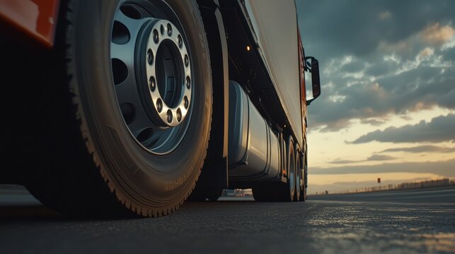 Low Angle View of Truck Tire on Road at Sunset, Capturing Details of Wheel and Landscape in the Background with Dramatic Cloudy Sky