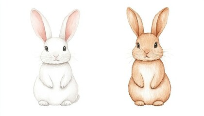 Obraz premium Two adorable illustrated rabbits, one white and one brown, standing side by side against a plain background