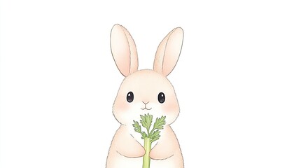Obraz premium Cute cartoon rabbit holding a stalk of celery, set against a plain white background, ideal for children's illustrations
