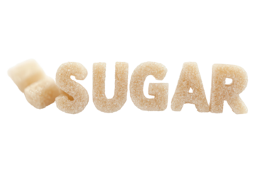 word sugar spelled out in sugar cubes