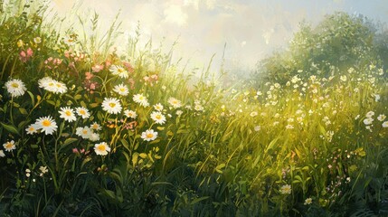 Sunlit meadow with daisies, wildflowers, and tall grass.