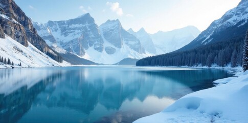 Frozen lake in the midst of snow-capped mountains, frozen scenery, frozen lake